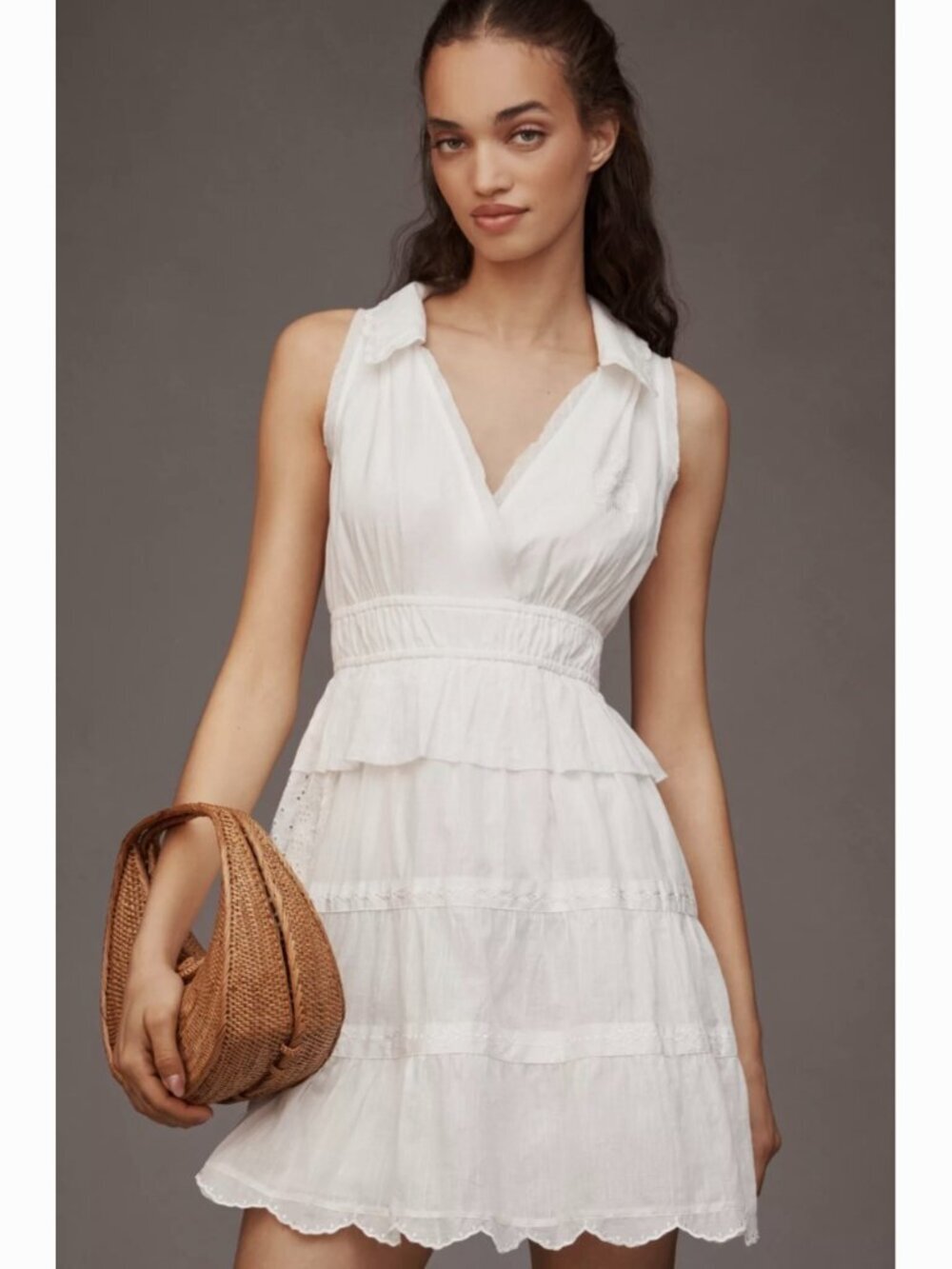 Anthropologie Collared Halter Tiered Ruffle Mini White Dress Women’s Medium Peti